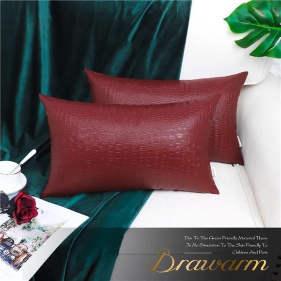 Faux Leather Pillow Covers 12X20 Inches, Deep Red Leather Pillow Covers Pack of2 - Picture 3 of 6
